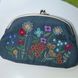 Floral Embroidered Coin Purse - Navy